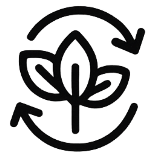 Black icon of a leaf with circular arrows around it on a white background