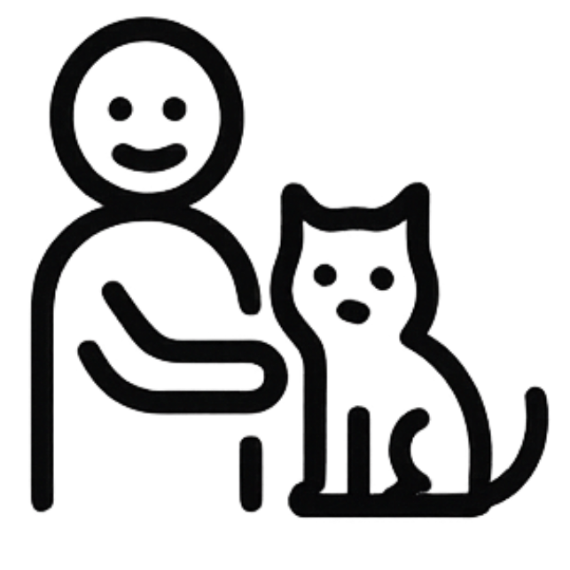 Black and white icon of a person sitting next to a cat on a white background